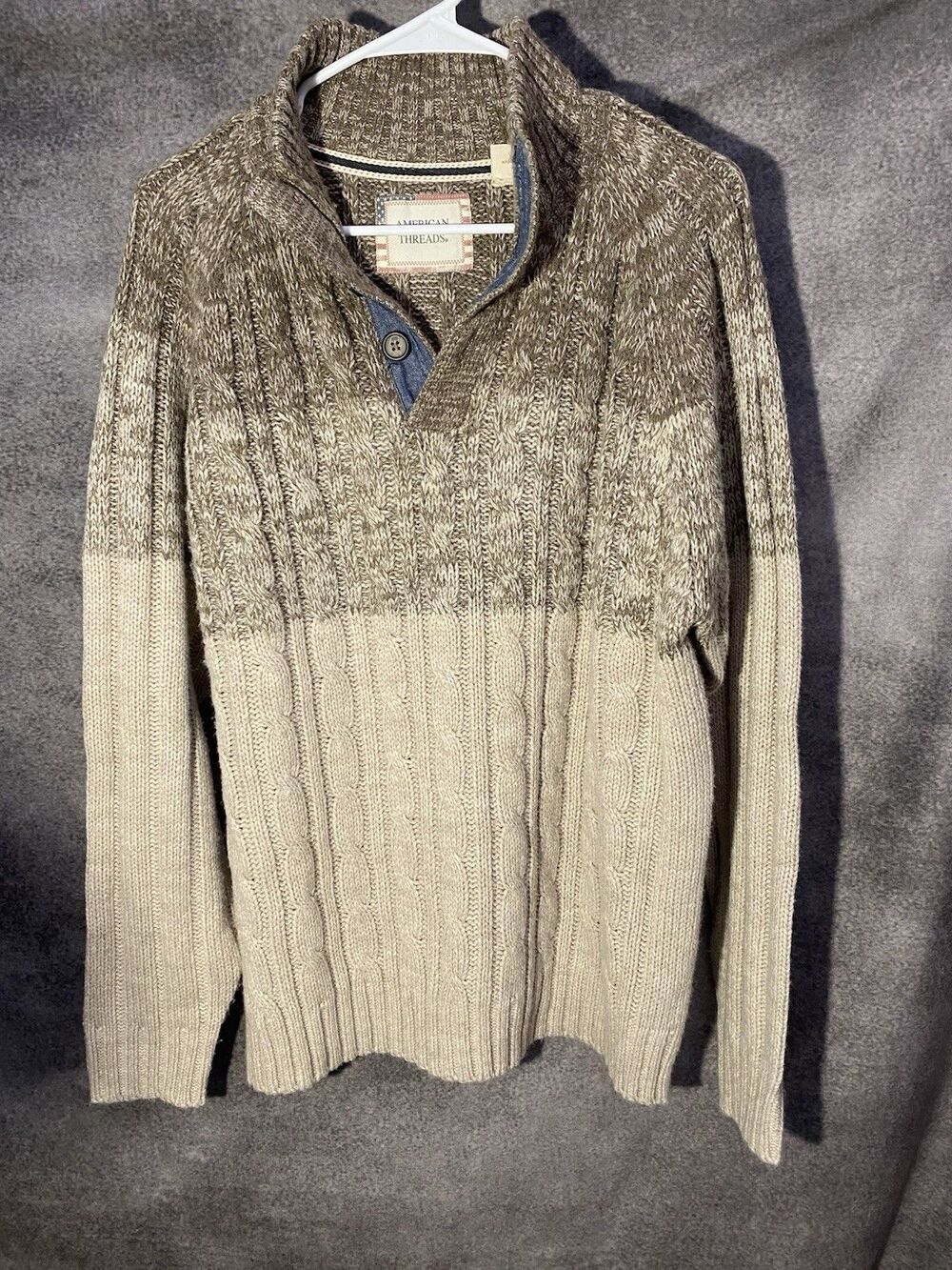 American Threads Men’s Cable Knit Sweater XL Tan Brown Ombre Quarter Button